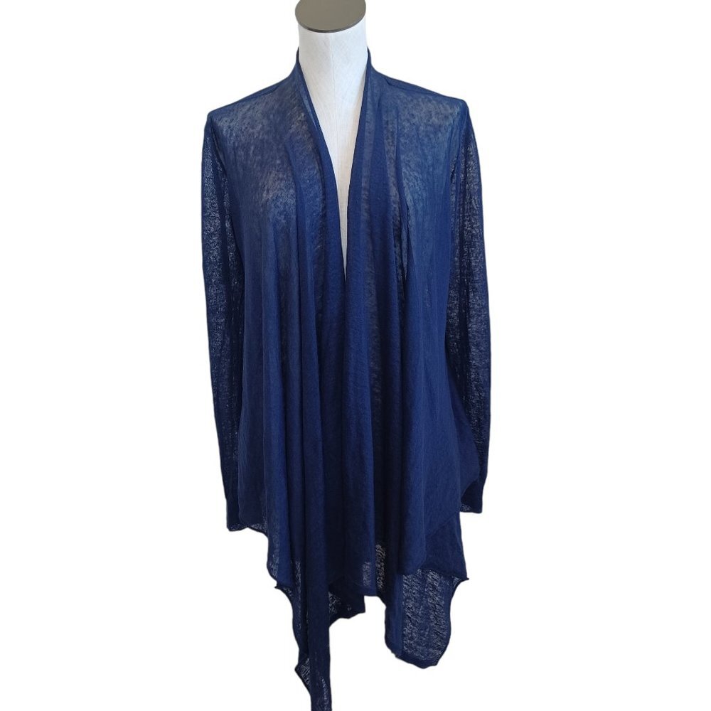 Eileen Fisher Navy Blue Hemp Blend Open Front Draped Waterfall Cardigan Medium